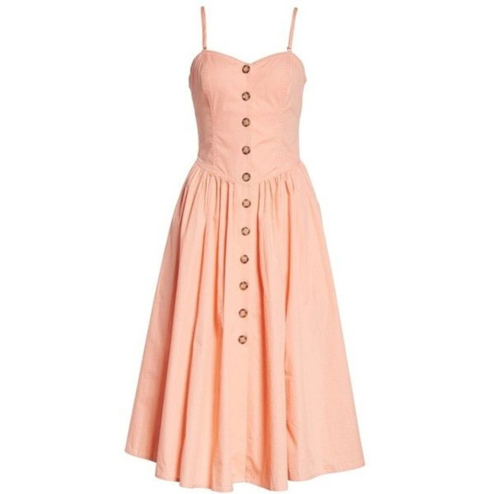Free People Cottagecore Dress Size Large Perfect Peach Poplin Button Midi A-line